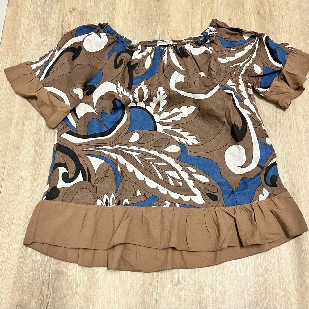 Terzo Millennio Linen Brown Ruffle Abstract Print Blouse SZ S
